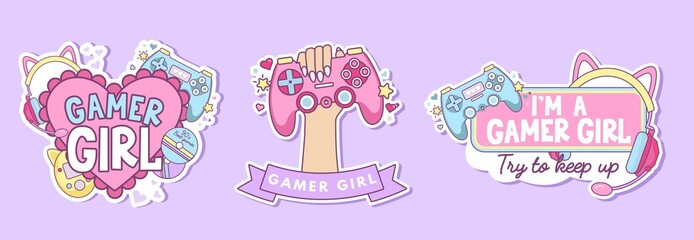 Gamer girl colorful sticker set with kawaii objects gamepad, cat ear headphones, tamagotchi, stars. Cartoon Gamer quote for logo, pin, card, sticker, poster, card, textile. Flat vector illustration © mitoria