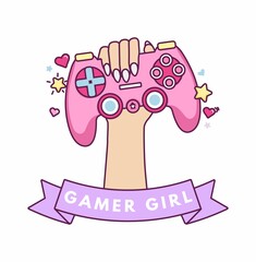 Gamer girl kawaii vector illustration with hand holding a pink gaming controller.