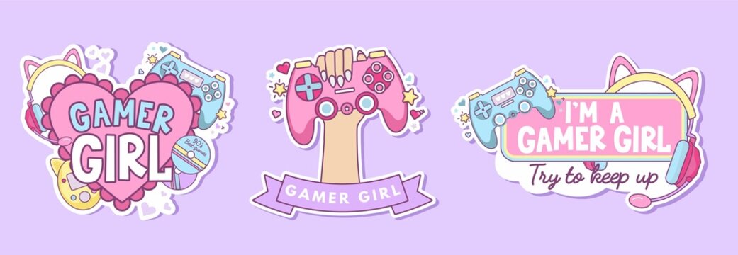 Gamer girl colorful sticker set with kawaii objects gamepad, cat ear headphones, tamagotchi, stars. Cartoon Gamer quote for logo, pin, card, sticker, poster, card, textile. Flat vector illustration