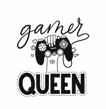 Gamer queen hand drawn vector illustration with hand holding a gaming controller and lettering. Game fan design for sticker, logo, pin, print, card, birthday party. Flat style