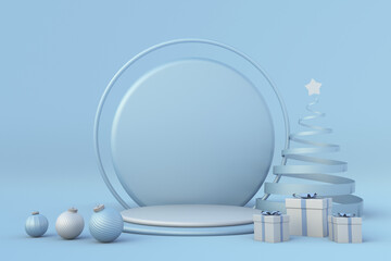 Christmas festive blue winter 3d composition. Realistic stage, podium, Xmas studio. Minimal festive New Year background with abstract Christmas tree, balls and gift boxes. Holiday template