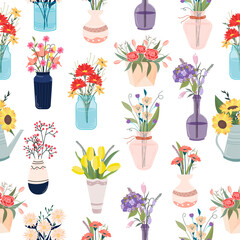 A pattern of blooming soda beautiful flowers in vases and jars. In a modern flat style. Decorative floral elements.