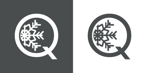 Logotipo letra Q con silueta de copo de nieve en fondo gris y fondo blanco
