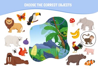Educational game for children. Cartoon cute animals. Choose the correct objects. Who lives in the jungle.
