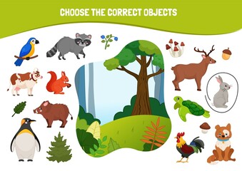 Educational game for children. Cartoon cute animals. Choose the correct objects. Who lives in the forest.
