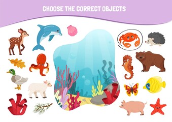 Naklejka premium Educational game for children. Cartoon cute animals. Choose the correct objects. Who lives in the ocean. 