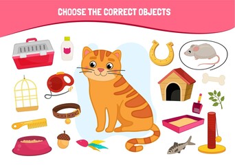 Educational game for children. Cartoon cute cat. Choose the correct objects. 