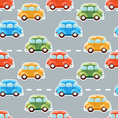 Cute pattern from multicolored cartoon cars that drive along the road.