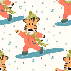 Cute tiger in skating winter costume seamless pattern. Christmas holidays background with animal. Vector illustration