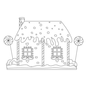 Coloring book gingerbread house. Christmas and new year candies, vector illustration in cartoon style.	