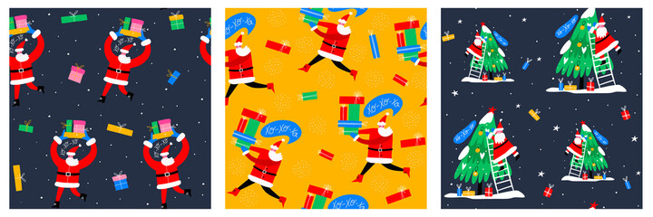 Fototapeta na wymiar Set of Seamless patterns with cheerful Santa Claus - Christmas and New Year. Modern wrapping paper with Santa Claus.