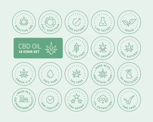 CBD oil properties vector icons set collection - obrazy, fototapety, plakaty