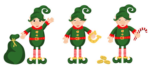 Fototapeta premium Set of Little christmas elves isolated on white background. Happy New Year, Merry Xmas design element. Good for card, banner, flyer, leaflet, poster. Vector illustration
