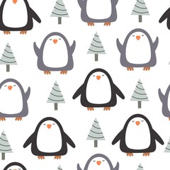 Seamless pattern with cute penguins, tree. Colorful vector flat style for kids. hand drawing. baby design for fabric, print, wrapper, textile