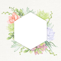 Hand drawn succulent hexagon frame template vector
