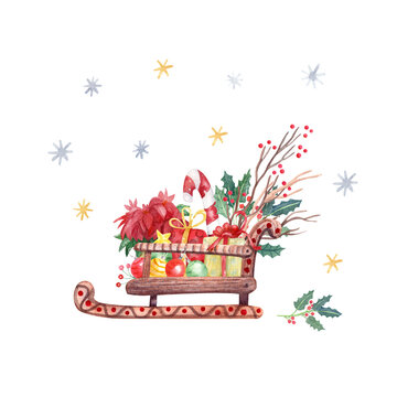 Santa's sleigh with gift boxes, poinsettia flowers and Christmas baubles. Watercolor hand painted illustration. Xmas  card design.