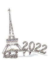 Fototapeta na wymiar Christmas card design with festive Eiffel tower and numbers 2022 from shiny diamonds. Happy New Year Banner with 2022 Numbers in Paris. Hand drawn vector illustration.