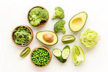 Green vegetables flat lay. Vegetarian food background