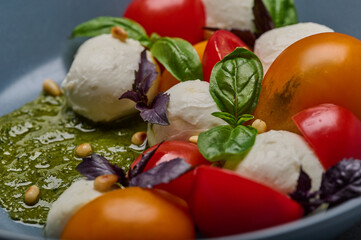 Macro traditional caprese salad with ripe tomatoes, pine nuts, basil and mozzarella cheese in grey plate, selective focus