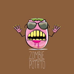 vector funny cartoon cute pink zombie potato character isolated on brown background. My name is zombie potato vector concept halloween background. monster vegetable funky character