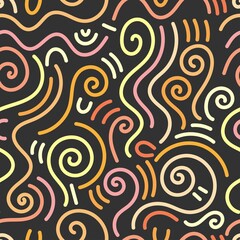 Seamless abstract pattern on dark background. Vector doodle image. Graphic linear wallpaper.