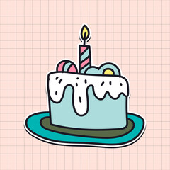 Hand drawn cake with a candle sticker vector