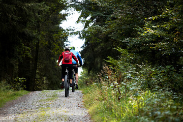 Fototapeta premium mountain bikers in the forest