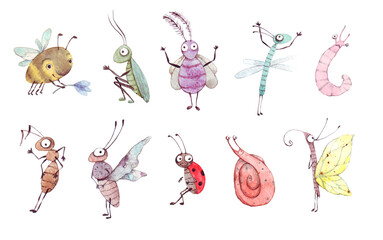 Funny, watercolor, cartoon insects collection., bee, bumblebee, butterfly, worm, caterpillar, beetle, ladybug, grasshopper, dragonfly, snail, ant.