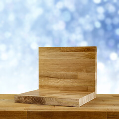 Desk of free space and winter landscape. 