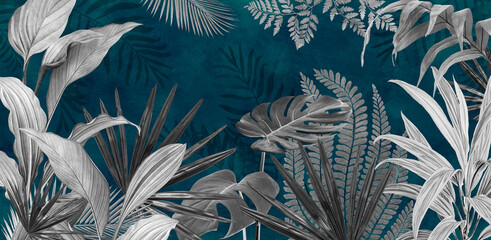 Mural for the walls. Photo wallpapers for the room. Tropical leaves on a blue background in the grunge style. - obrazy, fototapety, plakaty