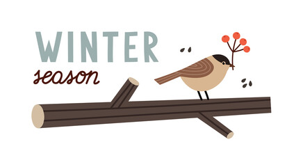 Hand-drawn winter card with tree branch, tit bird, berries, and hand lettering. Concept of the winter season, winter holidays, Christmas. Vector illustration isolated on white.