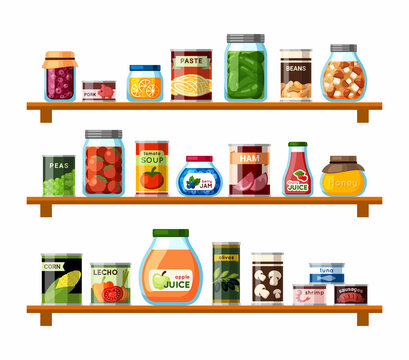Tinned food on shelves illustration. Soup and corn sealed in cans farmers mushroom and tomato preparations for long term storage convenient packaging with ham and pork. Vector color stocks