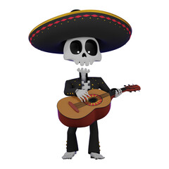 3d skeleton in a Mexican male costume with a sombrero on his head playing the guitarrone, the concept of the El Día de Muertos holiday, 3D rendering