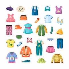 Colorful clothes for little ones set. Stylish baseball caps and shoes dresses for toddlers beautiful tshirts and sweaters colorful designs for joyful kids with cute modern style. Vector cartoon.