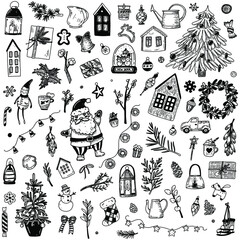 Vintage christmas set with cute winter elements: santa, candies, lamps, candles, houses, gift boxes, branches