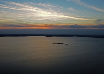 Top view of the evening sunset on the lake