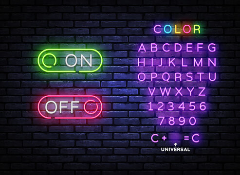 Button On Off neon sign vector design template. Button On Off neon design, light banner, design element, night bright advertising, bright sign. Vector illustration. Editing text neon sign
