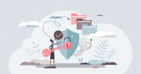 Secure access with privacy data security and protection tiny person concept. Confidential file accessibility and cloud usage for identity hiding vector illustration. Information encryption for web.