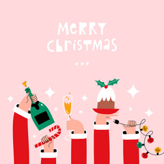 Christmas greeting card with hands holding holiday food, drink and decorations - 461233989