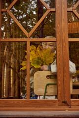 An elderly woman is sitting at the window with a bouquet of yellow maple leaves.