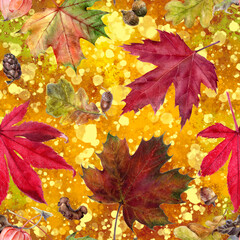 Fallen autumn leaves seamless pattern. Watercolor hand drawn illustration.
