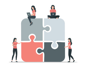 Teamwork concept. People work together. Colored flat vector illustration. Isolated on white background.