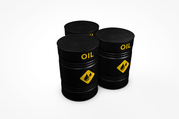Group of black oil barrels isolated on white background, 3d illustration