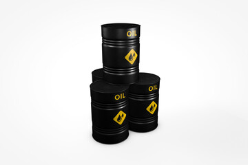 Group of black oil barrels isolated on white background, 3d illustration