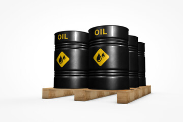 Group of black oil barrels isolated on white background, 3d illustration