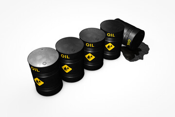 Group of black oil barrels isolated on white background, 3d illustration