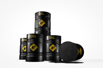 Group of black oil barrels isolated on white background, 3d illustration