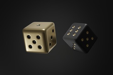 3D rendering Of Golden and Black dices on black background.