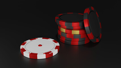 3D rendering Of RedWhiteGolden Casino Chips on black background.