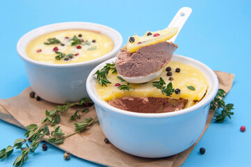 Fresh delicate liver pate, spread or mousse with spices and fresh herbs.